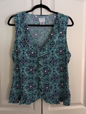 George Sleeveless Teal Print Ruffle-Front Women's Top